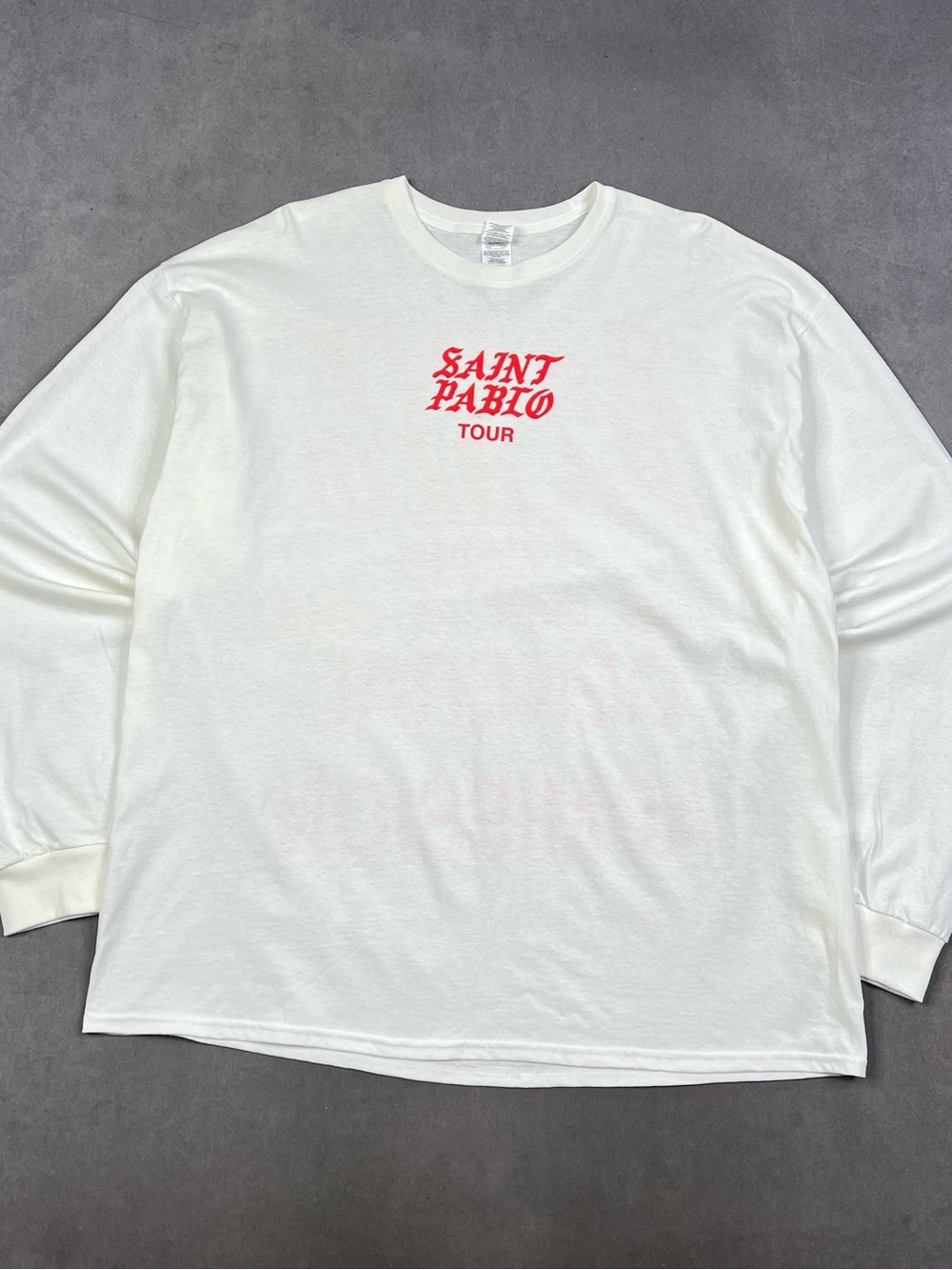 Kanye West Tour White Long-Sleeve Tee with Red 'Saint Pablo' Chest Graphic